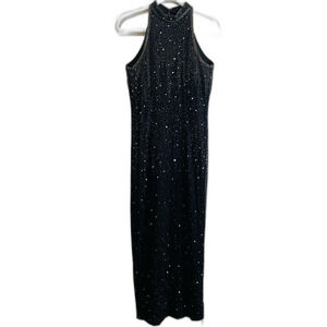 Stenay Vintage Black Silk High Neck Fully Beaded Sequin Maxi Dress size 8
